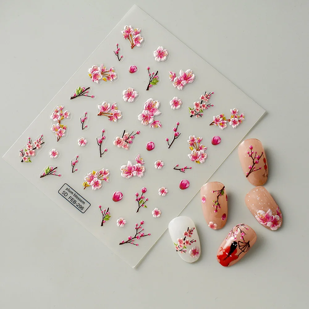 Red Plum Blossom Flower 5D Nail Stickers Press On Nail Supplies Sticker Ongles Fake Nail