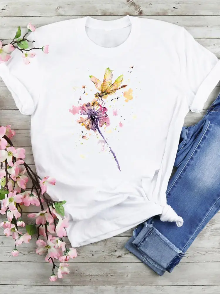 

Tees Ladies Women Watercolor Dragonfly 90s Short Sleeve Summer Clothes Tops Female Fashion Cartoon Tshirts Graphic T-Shirt