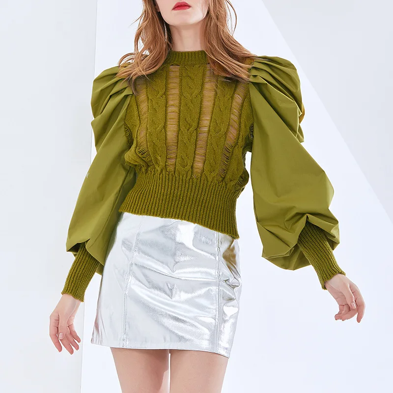 

Топ облегающий Женский, пуловер, Корейская версия, универсальный тонкий вязаный свитер с круглым вырезом и пузырьковыми рукавами, Однотонный свитер