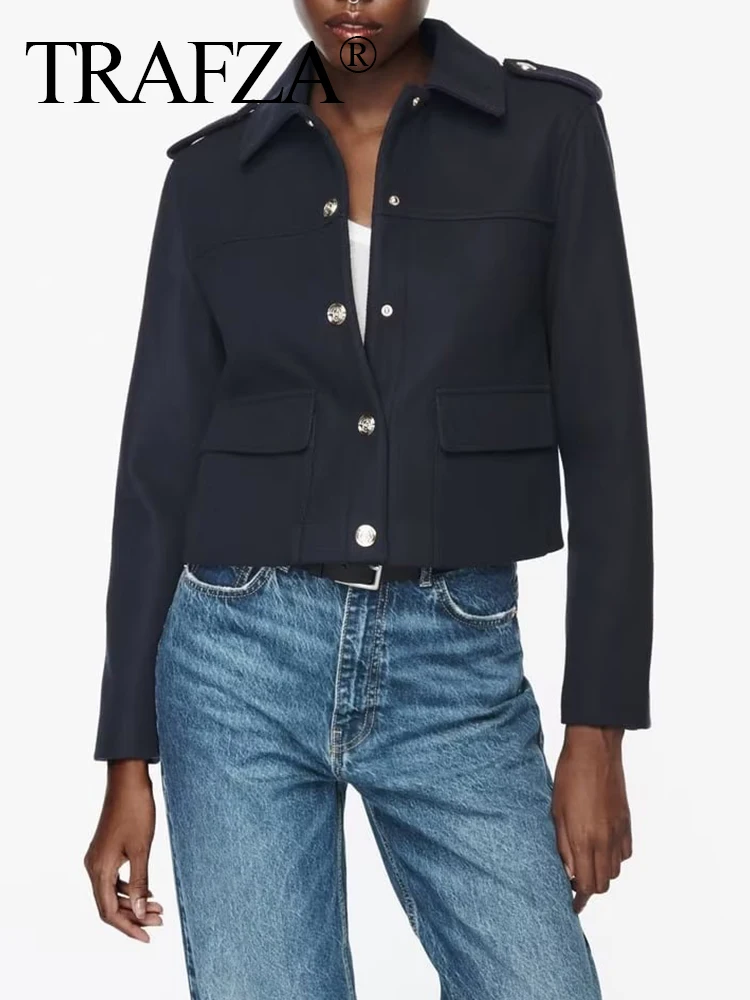 

TRAF ZA Woman Autumn Elegant Long Sleeves Lapel Short Coat Women Loose Chic Casual Single-breasted Chic Vintage Slim Jacket
