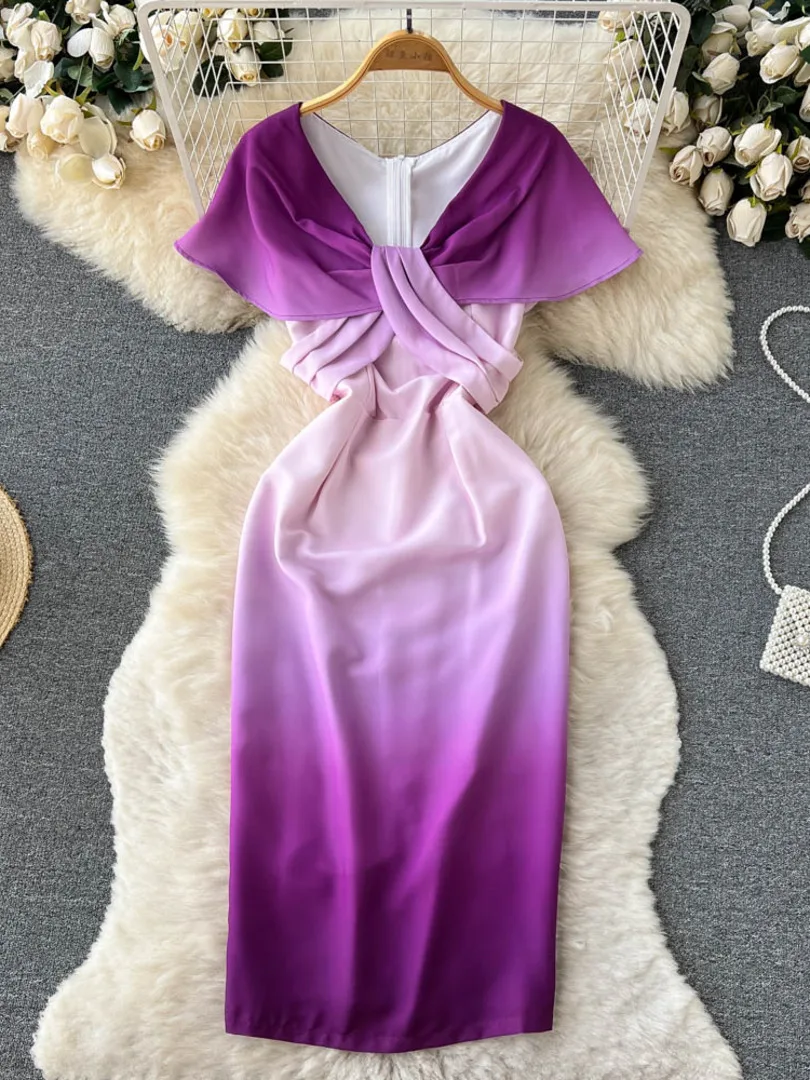 

Elegant Women Summer Dress New Design Gradient Color V-neck Short Sleeve High Waist Back Slit Midi Bodycon Party Dress