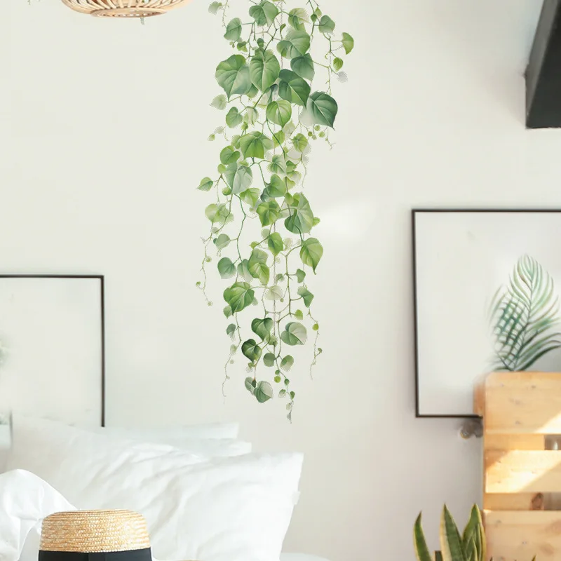 Наклейки самоклеящиеся на стену маленькие зеленые листья виноградной лозы для