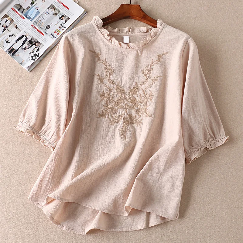 

Cotton Plus Size Women Embroidered T-shirt Summer 2022 New Retro Style Thin Loose Slim Bottoming Shirt Top Women