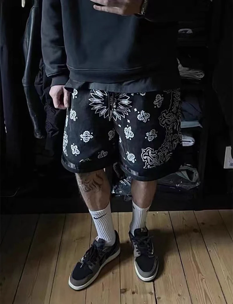 Мужские свободные шорты Askyurself повседневные с принтом кешью эффектом потертости