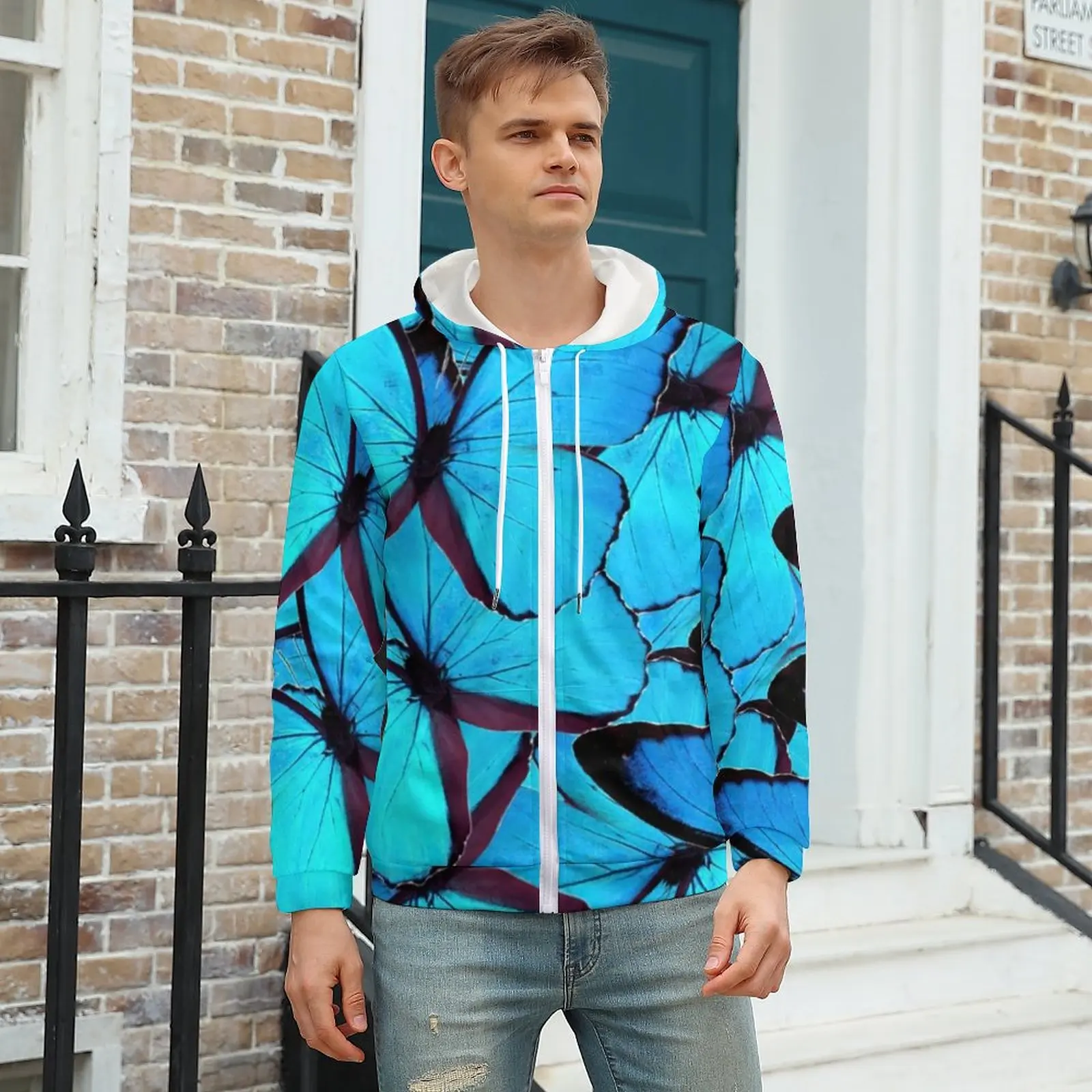 

Blue Butterfly Wings Zip Up Hoodies Cute Animal Print Elegant Hoodie Man Long Sleeve Oversize Loose Custom Casual Sweatshirts