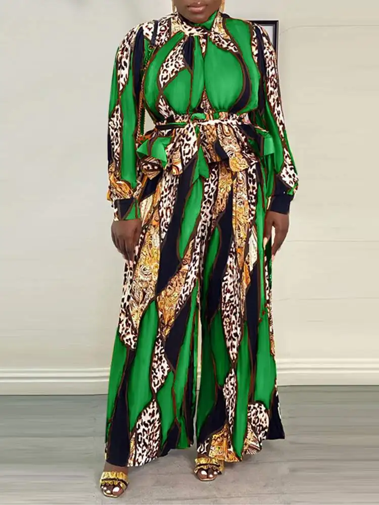 

Женский Брючный комплект VONDA 2023, винтажная блузка с длинным рукавом и воротником-стойкой и длинные широкие брюки, комплект из 2 предметов