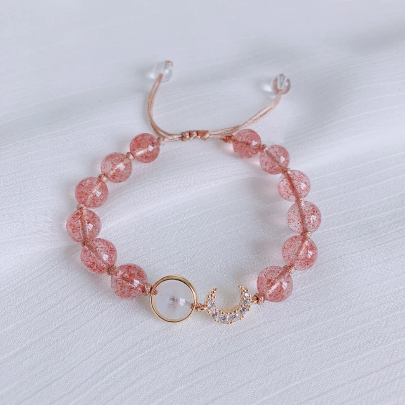 

Natural Strawberry Crystal for Women, Rope Woven Bracelet, Strawberry Crystal, Peach Blossom, Pink