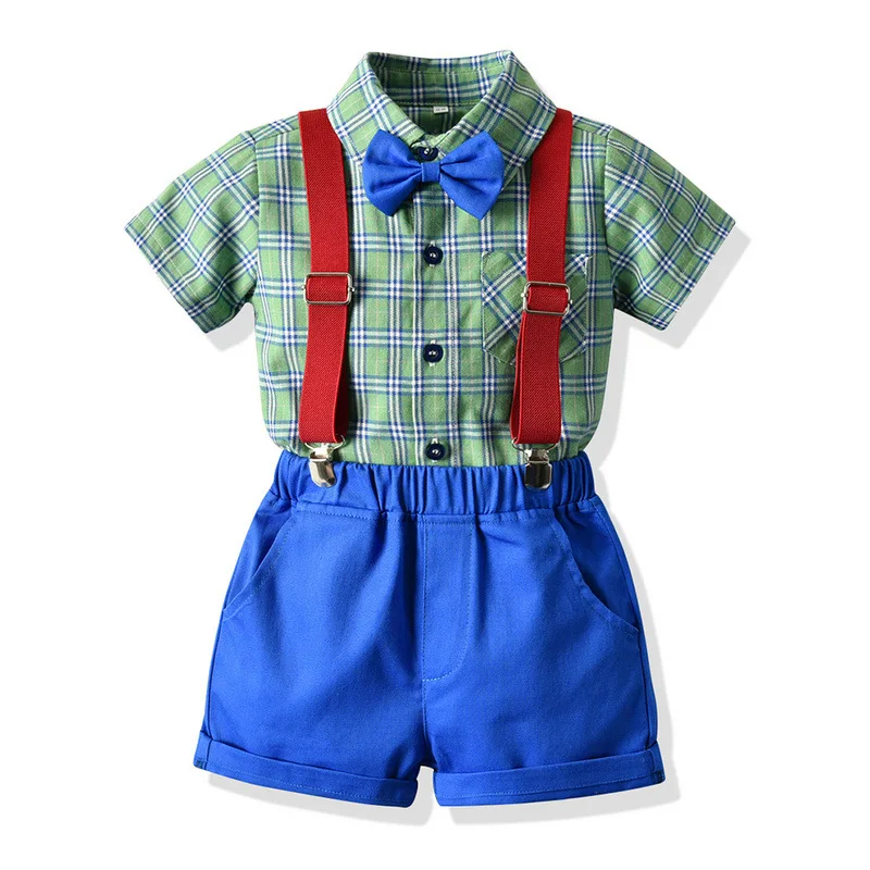 Summer Boys Clothing Set Casual Plaid Shirt Shorts Set 1-6Years Short Sleeve Candy Color Little Bbay Boy Summer Clohtes Outfit