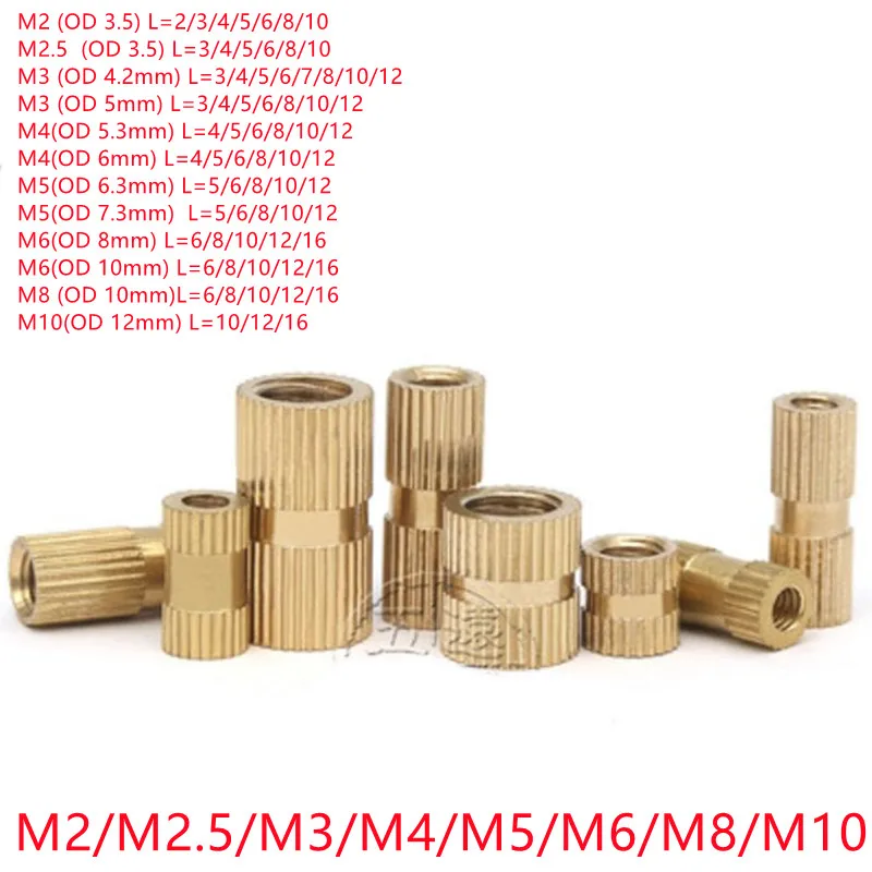 

10-100pcs M2 M2.5 M3 m4 m5 M6 M8 M10 Copper Inserts Brass Double Pass Knurl Nut Embedded Fastener