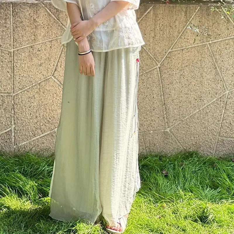 Женская одежда 2024 Летние Элегантные винтажные широкие брюки в этническом стиле с