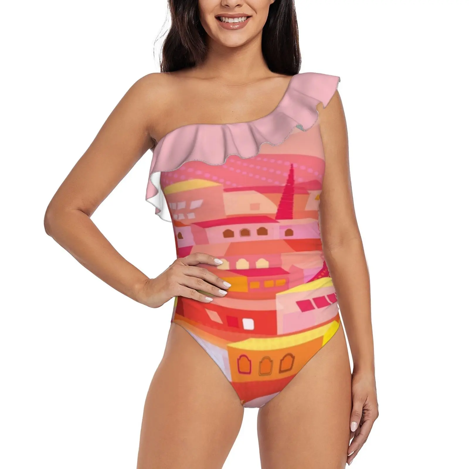 

Купальник путабло в сумерках на одно плечо с оборками женский купальник пикантная пляжная одежда летние купальные костюмы с графическим рисунком Красный после обеда