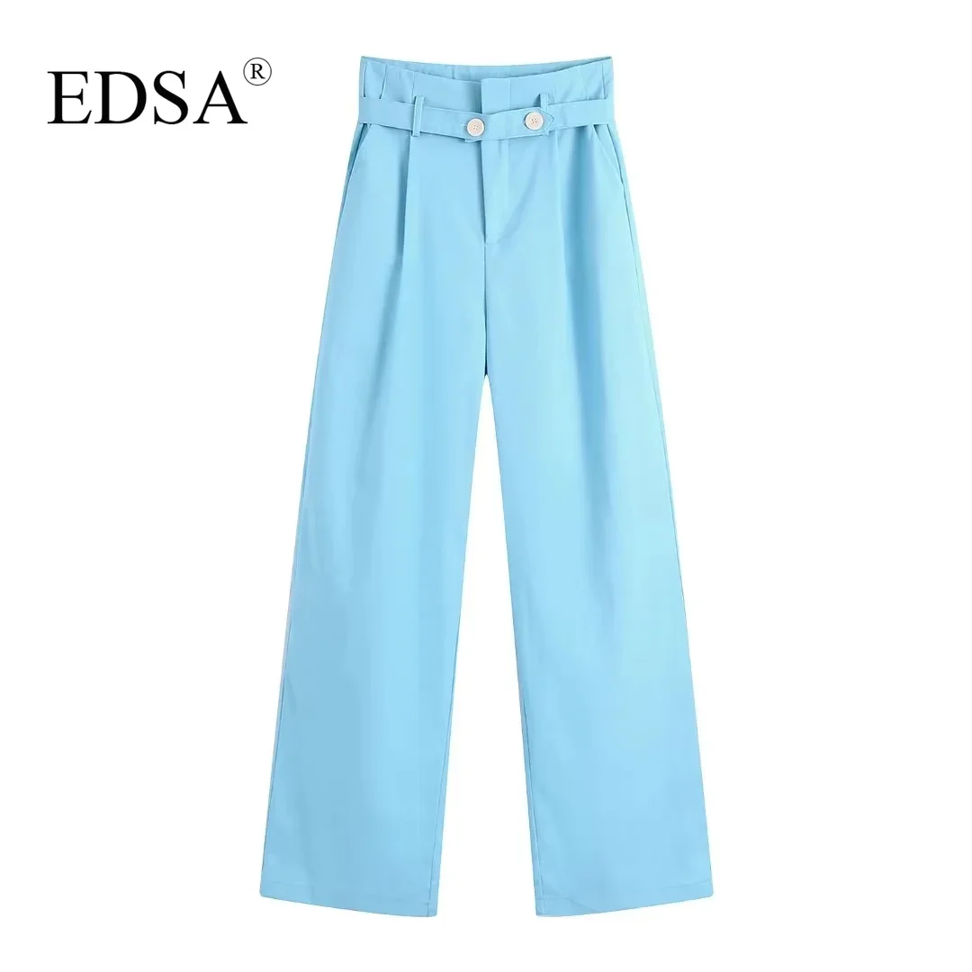 

EDSA женские модные синие льняные брюки с поясом для офиса, женские прямые длинные брюки с широкими штанинами, уличная одежда