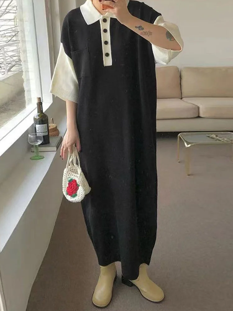 

Женское платье-поло с коротким рукавом, однобортное свободное платье в Корейском стиле ретро, модель B474 на лето, 2022