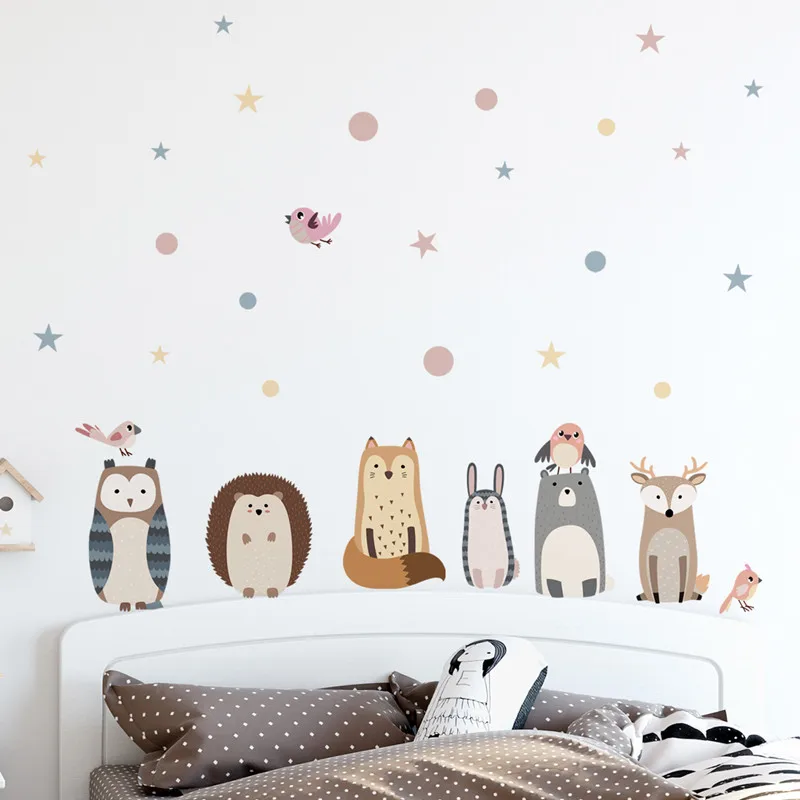 

Nordic Cartoon Animals Wall Stickers For Kids Room Decoration Decals DIY Baby Bedroom Vinyl Mural Nursery Kindergarten Wallpaper