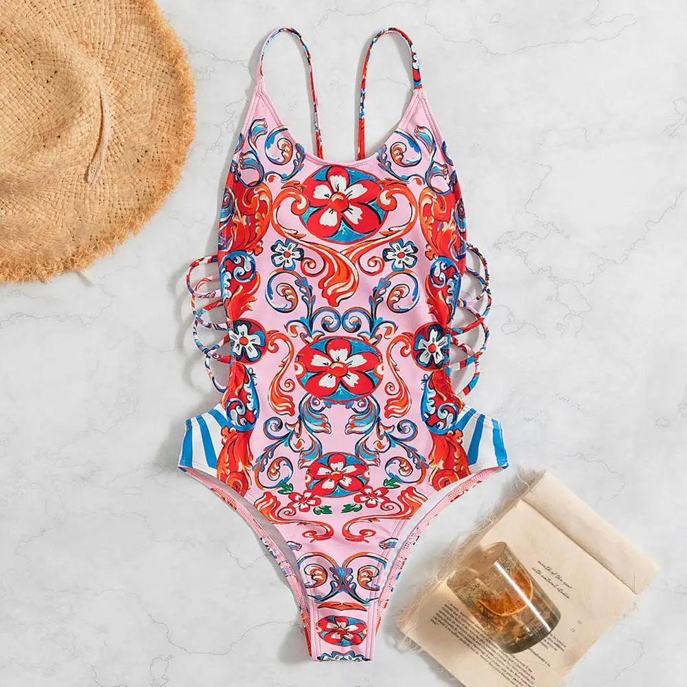 

Printing Stylish High Waist Wireless Women Monokini Multi Straps Summer Monokini Lace Up Water Sport Clothing