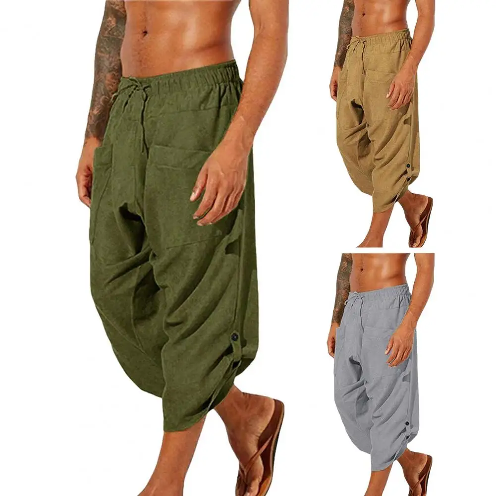 

Solid Color Elastic Waist Men Pants Big Pockets Men Cropped Pants Stylish Irregular Leg Opening Pants Youthful Summer Sweatpants