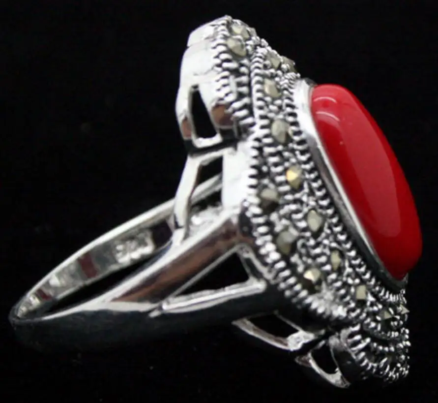 

Free shipping 24*16mm Vintage 925 Silver Oval Red Coral Marcasite Ring Size 7/8/9/10