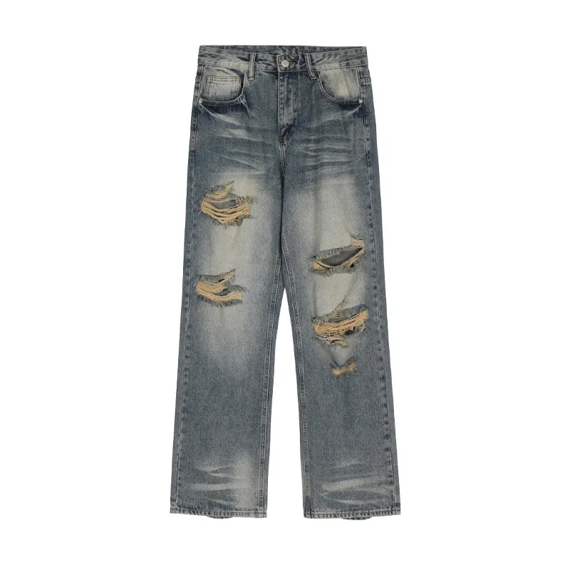 Streetwear Mens Jeans Straight Retro Loose Hole Fashion Full Length Trousers Ripped Jeans Pantalones Vaqueros Hombre
