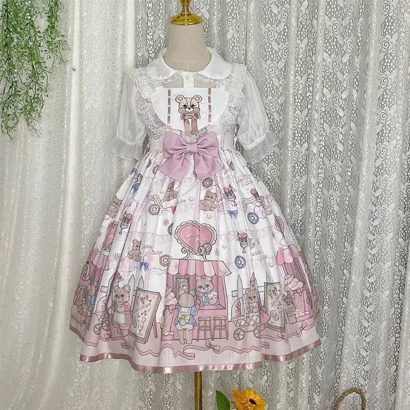 

[Мягкое искусственное милое] оригинальный дизайн, японское милое платье лолиты с мультяшным рисунком, милое платье на бретелях, розовое пла...