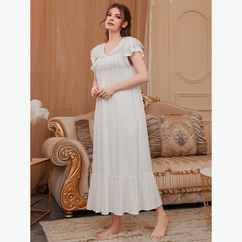 MAYMOLI Palace Style Women's Home Dress Solid Color V -neck Beaded Lace Night Dresses Sleepwear 2022 Fashion Nightie