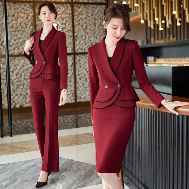 IZICFLY Autumn Spring New Style Red Pants And Blazers For Women Elegant Stylish Suit Office Business Ladies Two Piece Work Wear