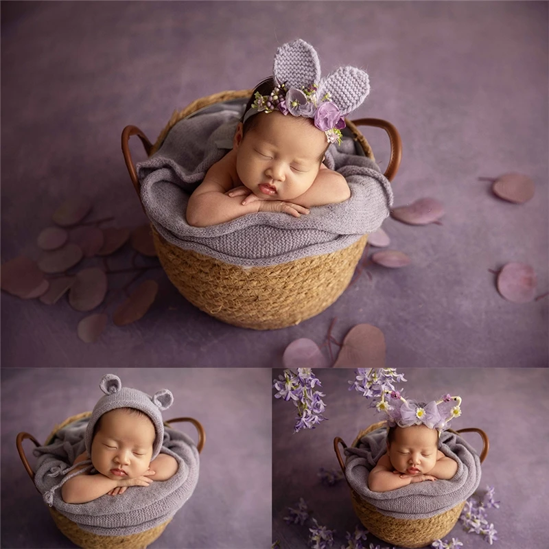 Newborn Baby Photography Props Purple Rabbit Headband Knitted Wrap Posing Basket with Flowers Floral Studio Shoot Photo Props