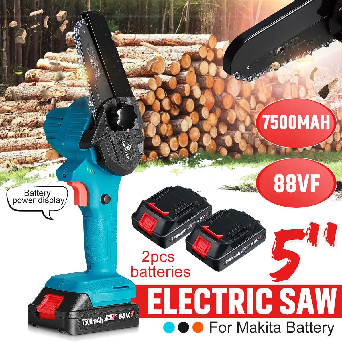 

5 Inch 3000W Mini Electric Saw Chain Saw 88VF Rechargeable One-handed Woodworking Pruning Garden Tool For Makita 18V Battery