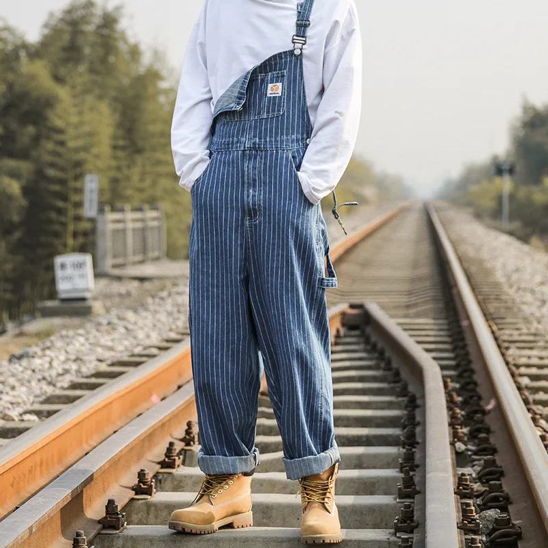 Strap Jeans Overalls Loose Wide-leg Pants Men Korean Straight Baggy Jeans Streetwear Men Full Length Striped Pantalones Hombre