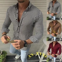 mens long sleeve flip button collar shirt striped slim fit shirt