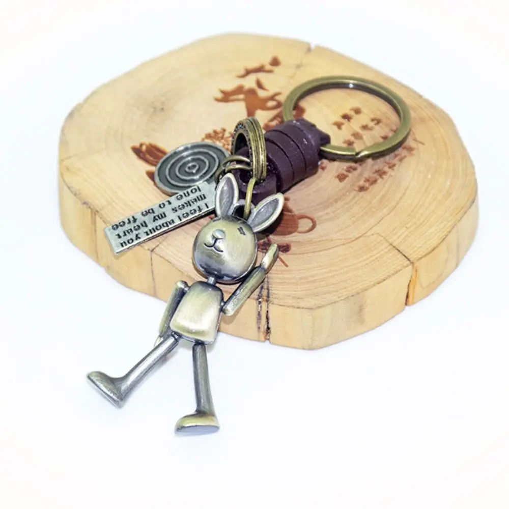 

1 pc Korean Style Bear Key Chain Punk Vintage Jewelry Metal Rabbit Woven Leather Key Holder Birthday Gift For Women