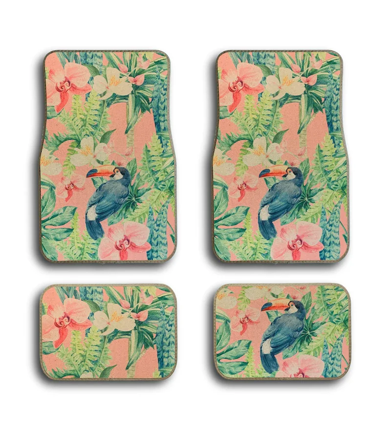 

Toucan Tropical Hawaiian Elegant Print Universal Fit Front/Rear 4-Piece Full Set Bling Carpet Car SUV Truck Floor Mats For Women