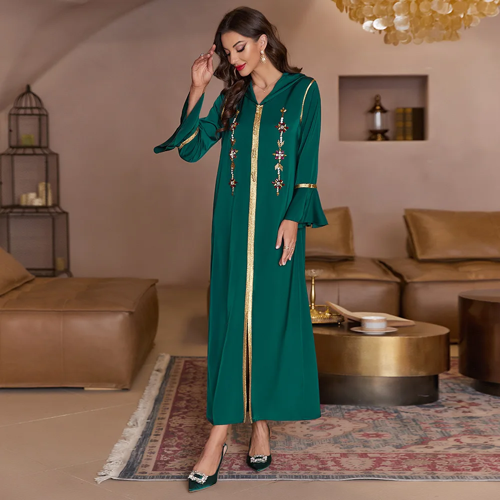 Jet green flare sleeve front slit noble wall satin gown Dubai Southeast Asia party banquet diamond dress T507