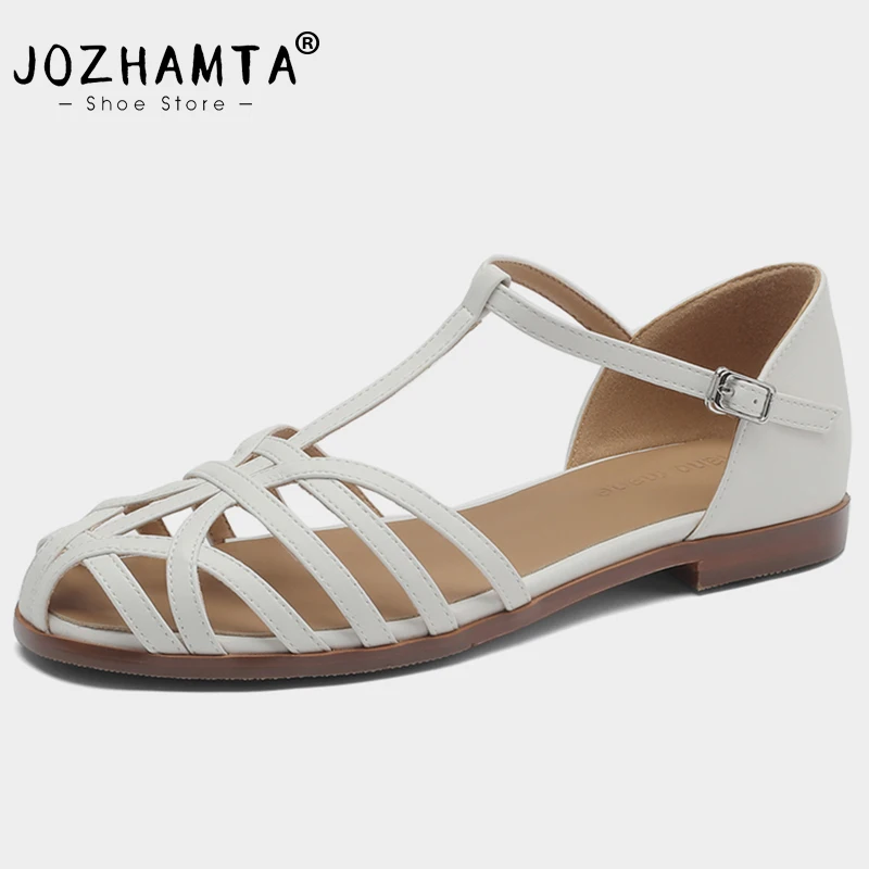 

JOZHAMTA Size 33-40 Flats Sandals For Women Summer 2023 Rome Low Heels Shoes Woman T-Strap Buckle Casual Office Chunky Sandalias