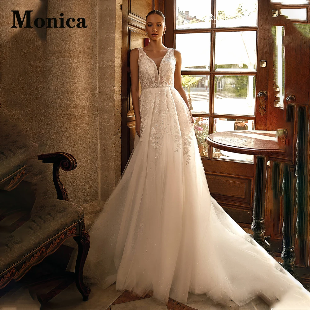 

MONICA Sparkling Lace Up Court Train Wedding Dresses For Mariages 2023 Tank V-neck Sequined Appliques Robe De Mariée Customised