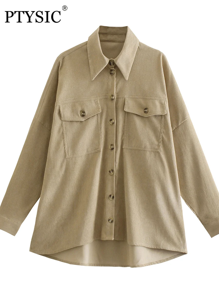 

PTYSIC Women Stylish Solid Safary Style Pockets Turn-Down Collar Casual shirts 2022 Spring New Single Breasted Chic Female Tops
