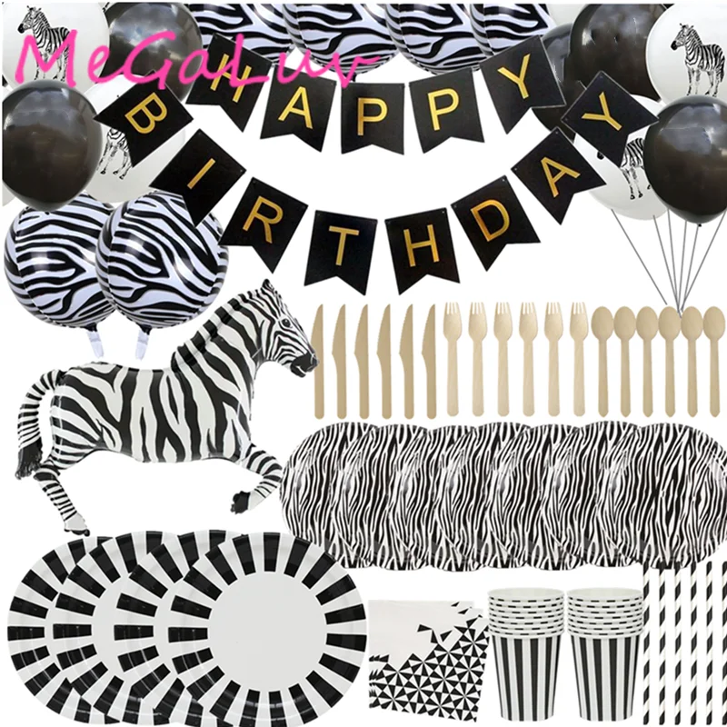 

Animal Zebra Party Decoration Black White Striped Disposable Plate Cutlery Set Balloon Birthday Baby Shower Decoration Wedding