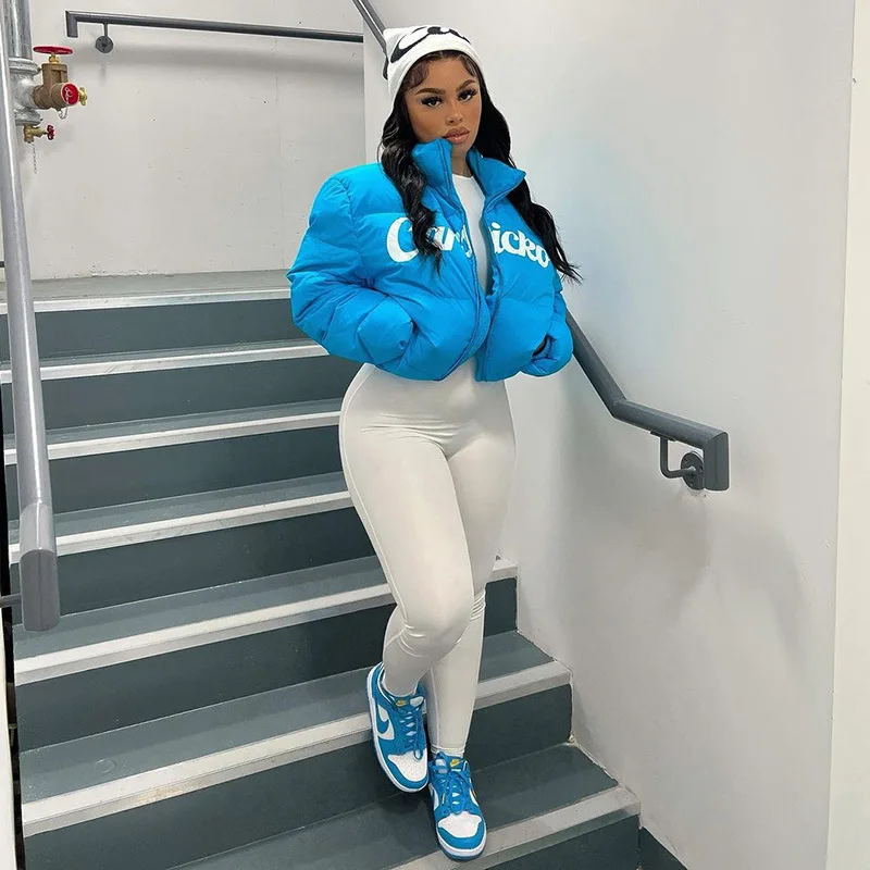 2022 New Women's Clothing Autumn and Winter New Trend Letter Print Cardigan Zipper Stand Collar Warm Slim Short Cotton Clothing