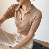 summer polo knit sweater shirt for women v neck short sleeves knitted plain famale tops casual elegant ladys pullover outfits