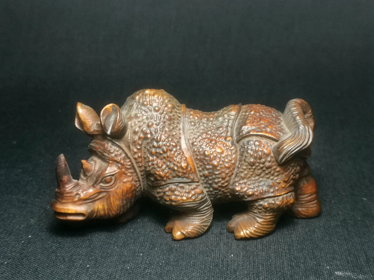 

1919 Chinese Boxwood Hand Carved vivid rhinoceros figure statue table deco Decoration Collection gift