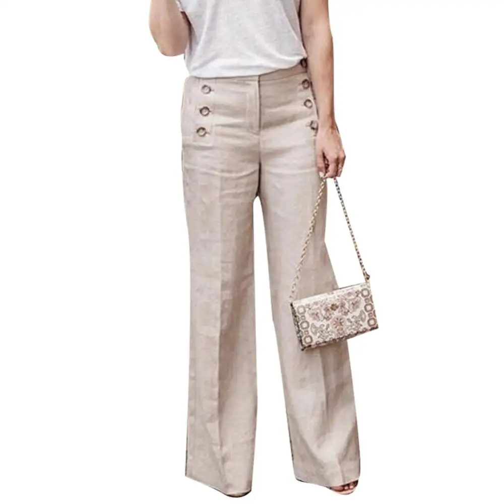 

Solid Color Buttons High Waist Wide Leg Pants Women Cotton Linen Long Trousers