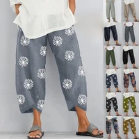 women harem pants vintage printed cotton linen wide leg trousers summer casual pocket pantalon elastic waist loose cropped pants