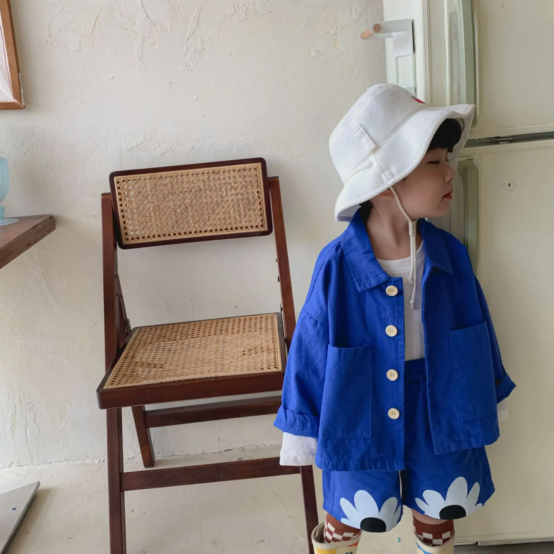 

Autumn Children Fashion Floral Loose Outfits Boys and Girls Solid Color Loose Coat and Knee Length Pants 2pcs Sets