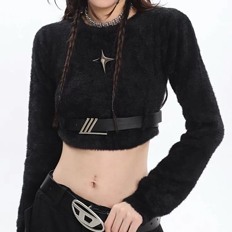 

Hikigawa Sweet Cool Y2k Star Metal Buckle Faux Mink Crop Top Slim Sweater Streetwear Casual O Neck Long Sleeve Belted Pullover