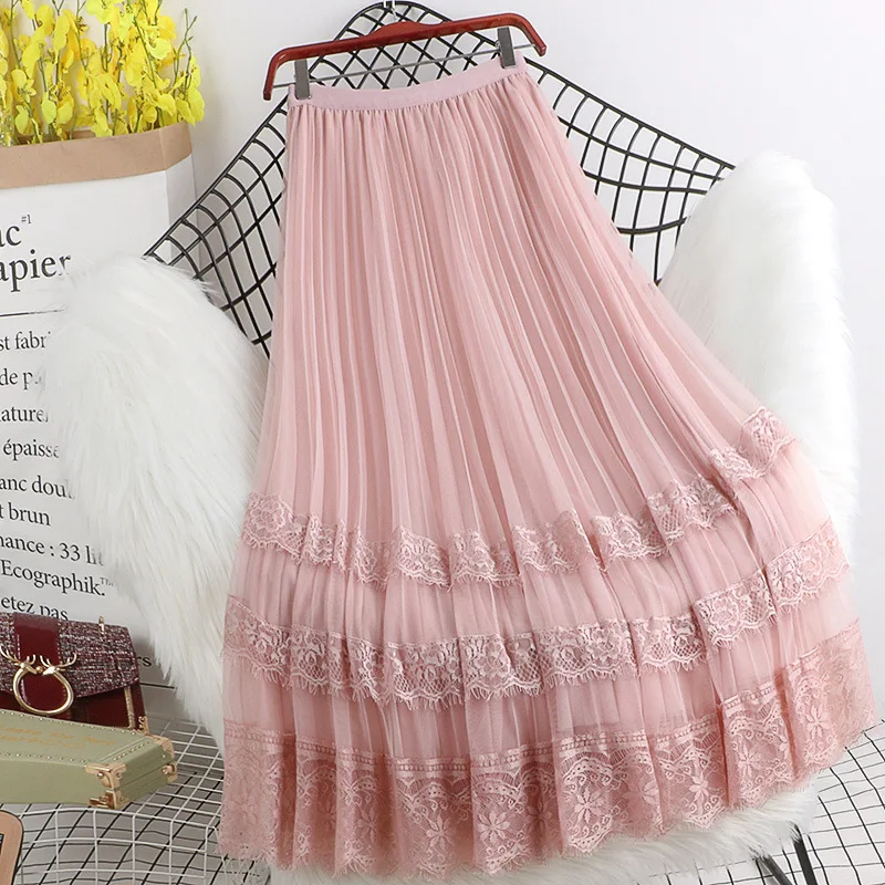 2022Fashion High Waist Tulle Midi Skirts Woman Lining Mesh Lace Patchwork Kawaii Harajuku Dance Bridesmaids Skirt Women