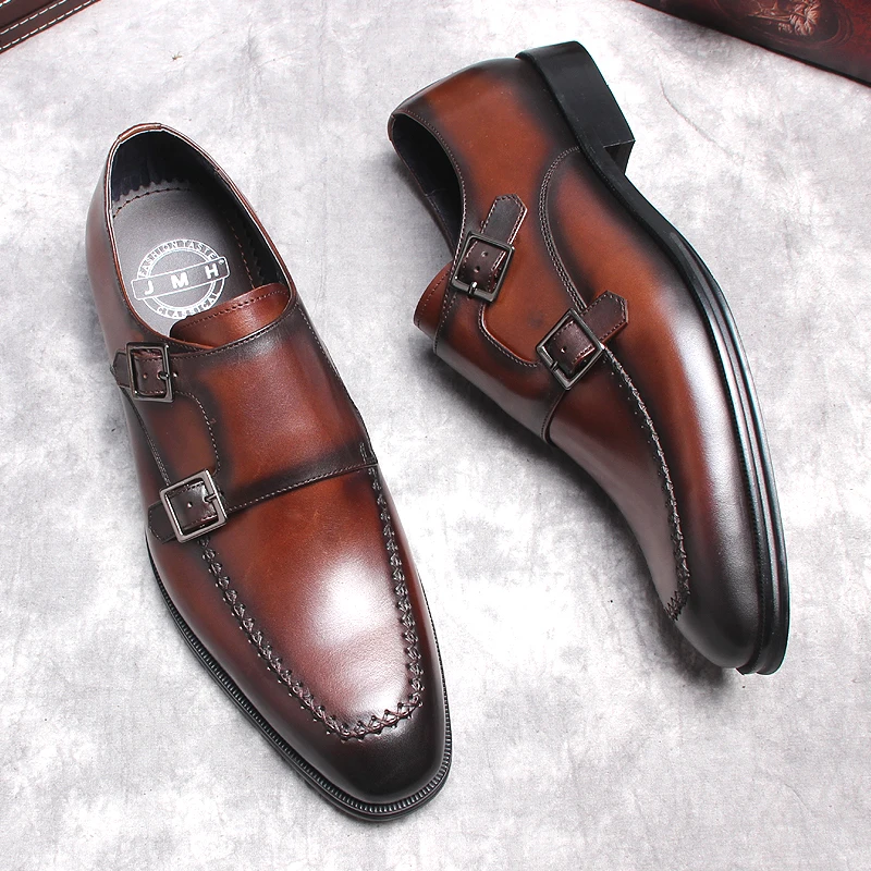 

Men's Genuine Leather Shoes Loafer Double Monk Strap Shoes Black Burgundy Elegant Tassel Oxford Shoes Simple Wedding Oxford Shoe