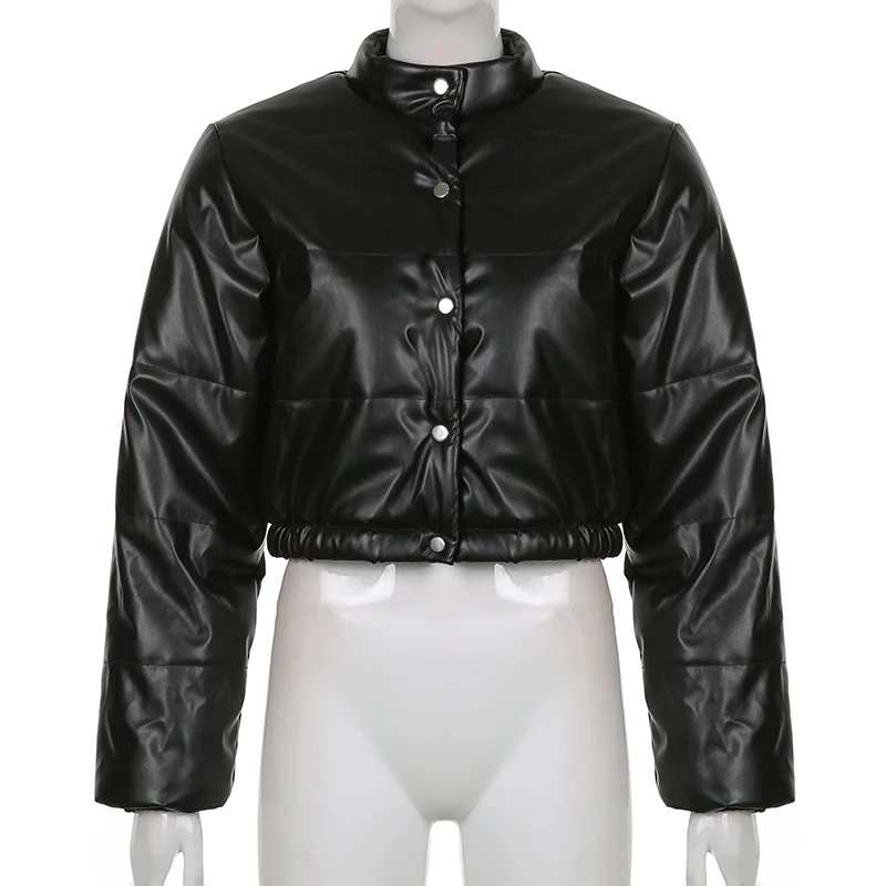 Faux Leather Winter High Neck Quilted Coats High Street High Neck Button Up Crop Jacket Black Bomber Streetwear Parkas