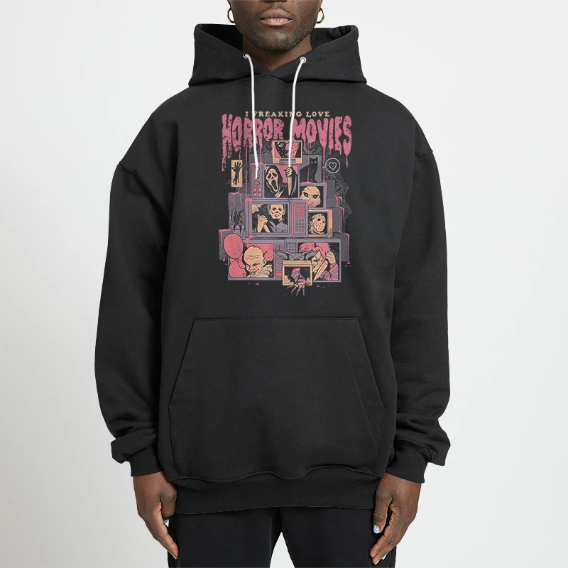 

Horror Movies Graphic Printed Loose Hooded Sweater Spring Autumn Oversized Unisex Style Thin Fleece Pullover Long Sleeve Hoodies