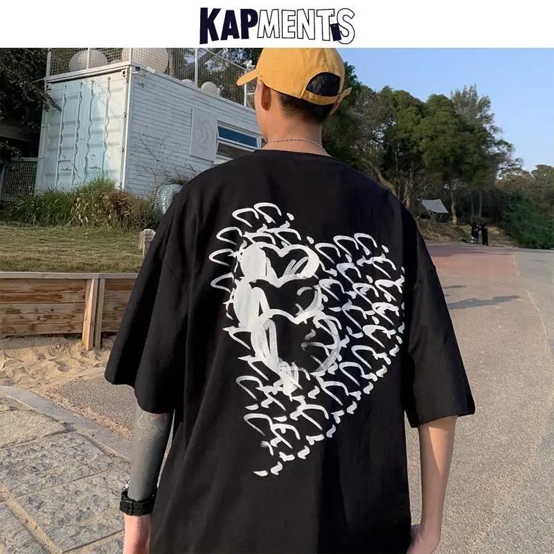 

KAPMENTS Men Love Black Streetwear T-Shirts 2022 Mens Korean Fashoins Oversized Funny Cotton Tshirts Male Harajuku Tshirt Tees