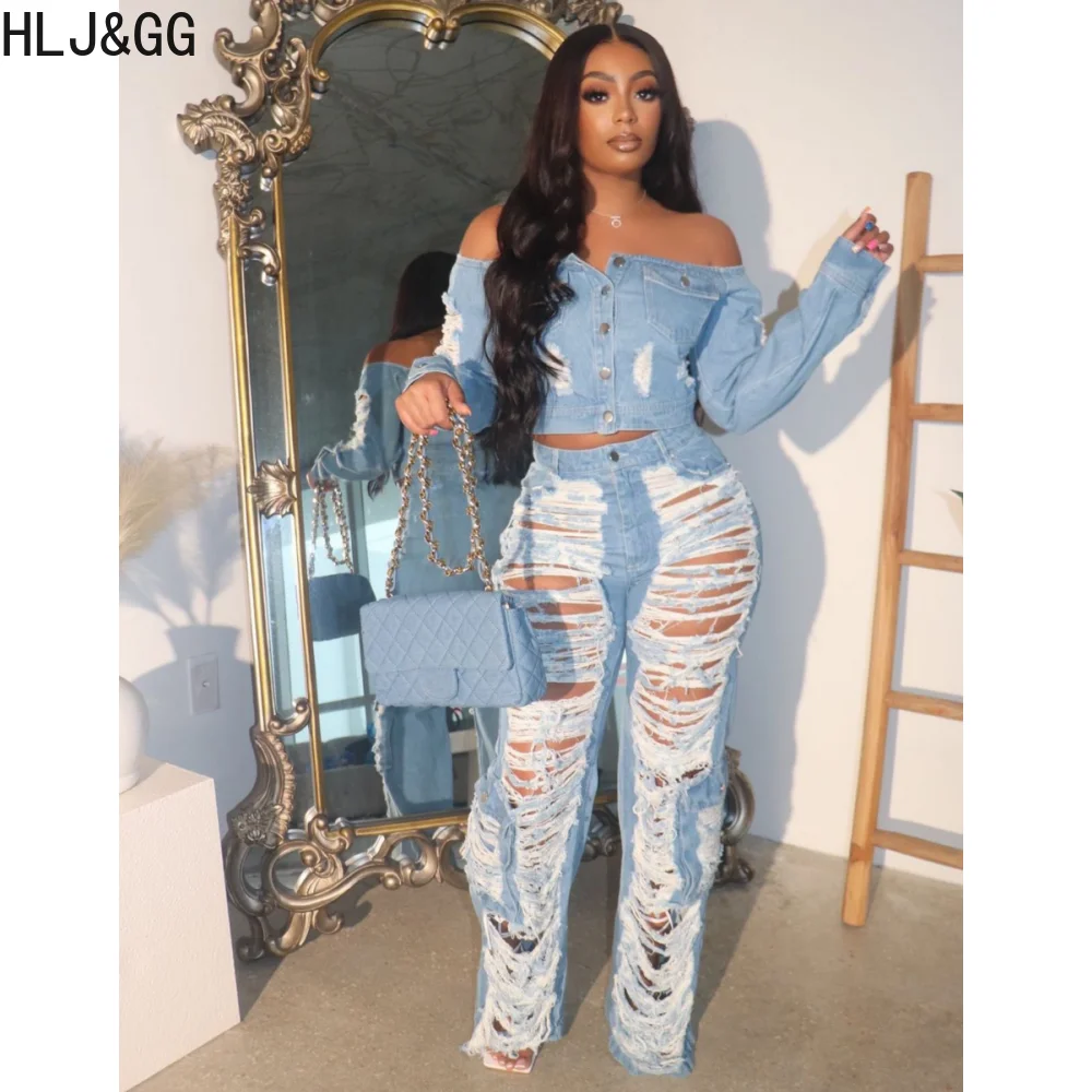 

HLJ&GG Fashion Hole Cowboy Pants Women High Waisted Button Straight Pants Blue Female Hollow Out Jeah Bottoms Streetwear 2023