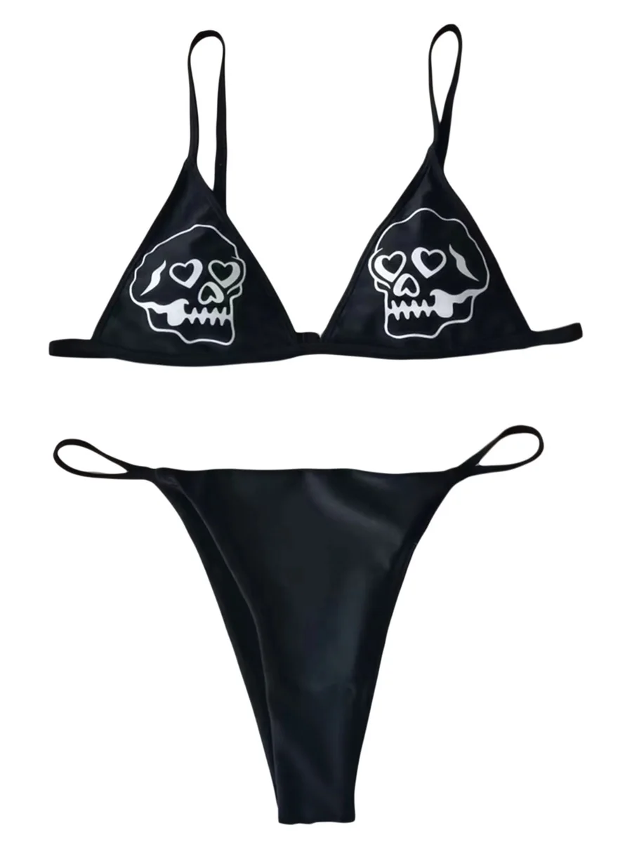 

Women Bikini 2 Pcs Set, Cartoon Smiley/Skull Print V-Neck Bra + Low Waist Thong Bathing Suit for Summer